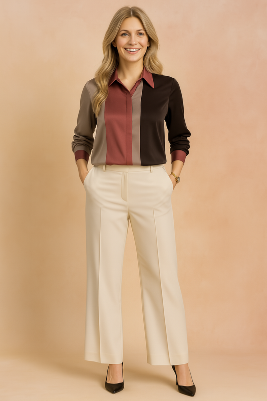 Elegant Contrast Panel Blouse with Long Sleeves – Aurora
