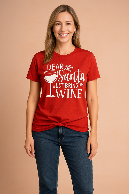 Funny Christmas T-Shirt with Wine & Santa Print – Noel