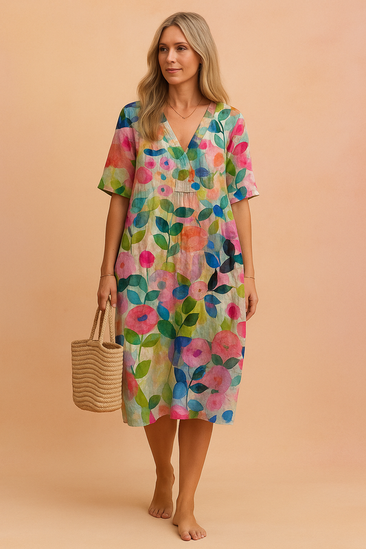 Dominica Floral Midi Dress – Airy, Elegant Dress with Flattering V-Neckline