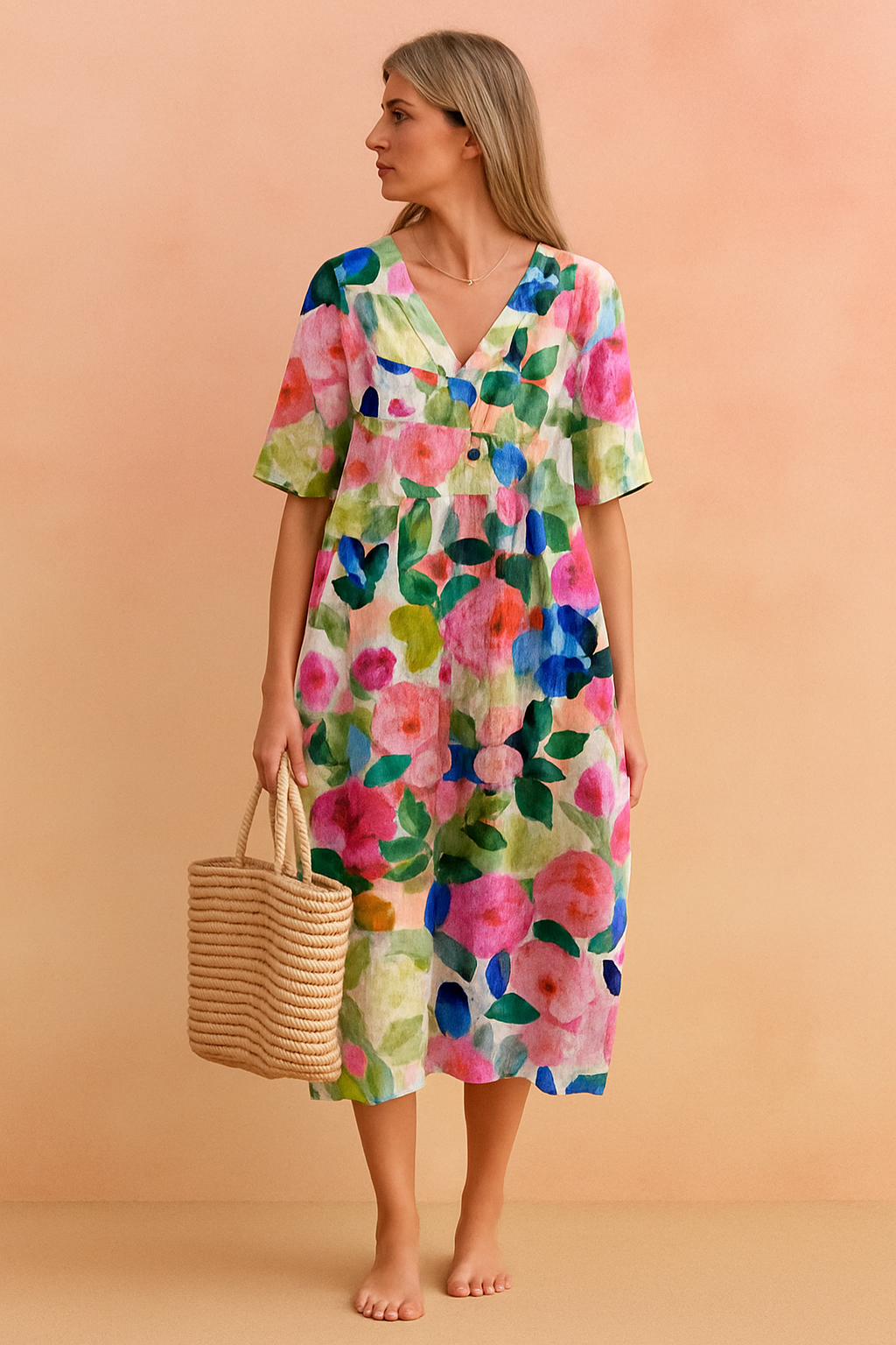 Dominica Floral Midi Dress – Airy, Elegant Dress with Flattering V-Neckline
