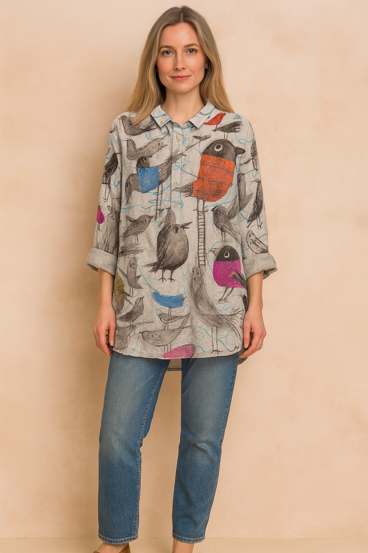 Artistic Bird Print Loose Blouse with Rolled Sleeves – Freya