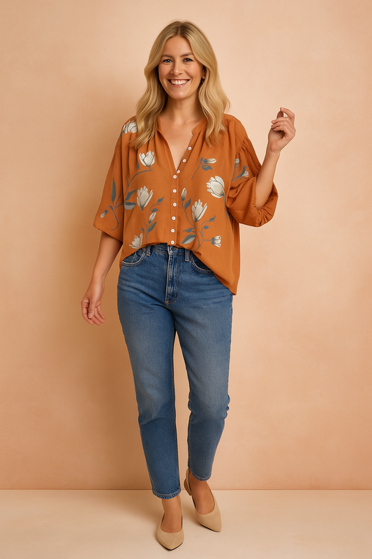 Floral Loose Shirt Blouse with Deep Neckline & Puff Sleeves – Celestia